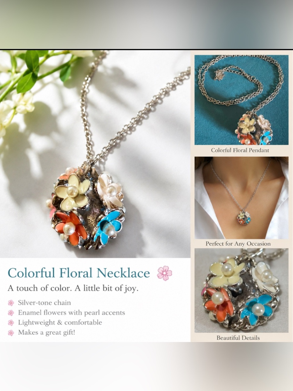 Pier 1 Spring Flower Bouquet Pendant Faux Pearls 16" Necklace